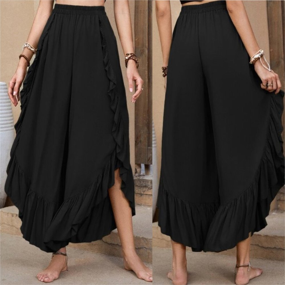 Hem Wide Leg ruffled hem Pants black - Picture 4 of 8
